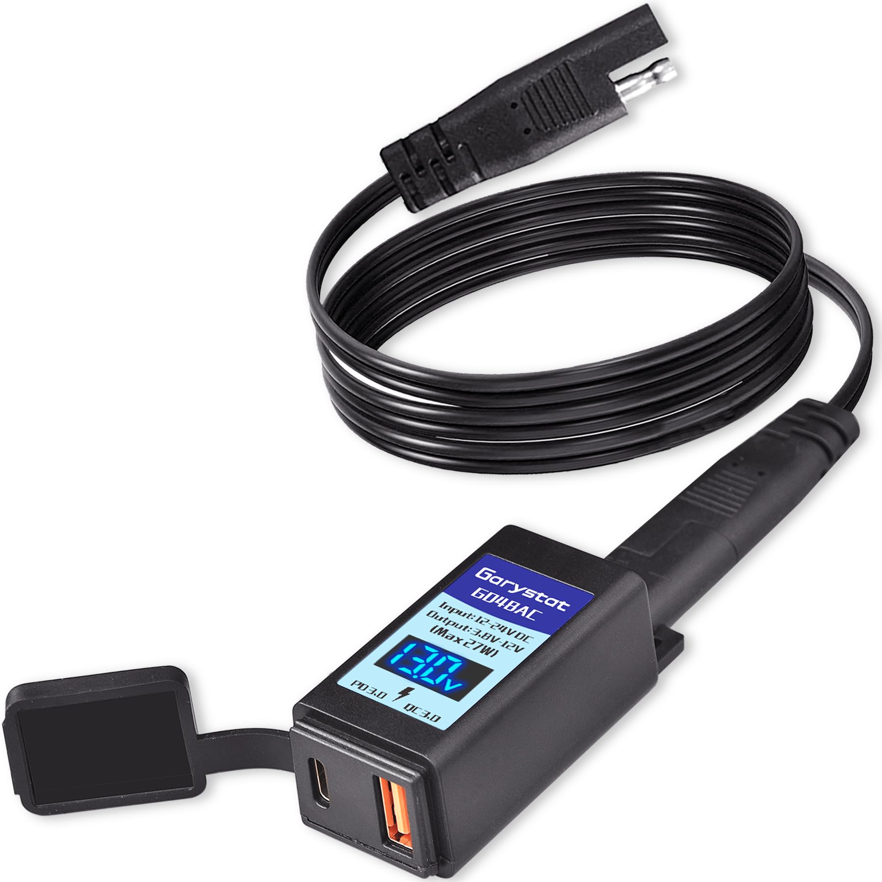 Garystat motorcycle USB-C charger front view with dual ports for on‑the‑go charging