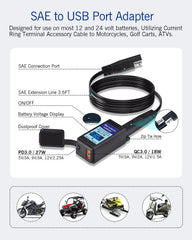 Garystat voltmeter and ammeter display shows voltage and current on the charger