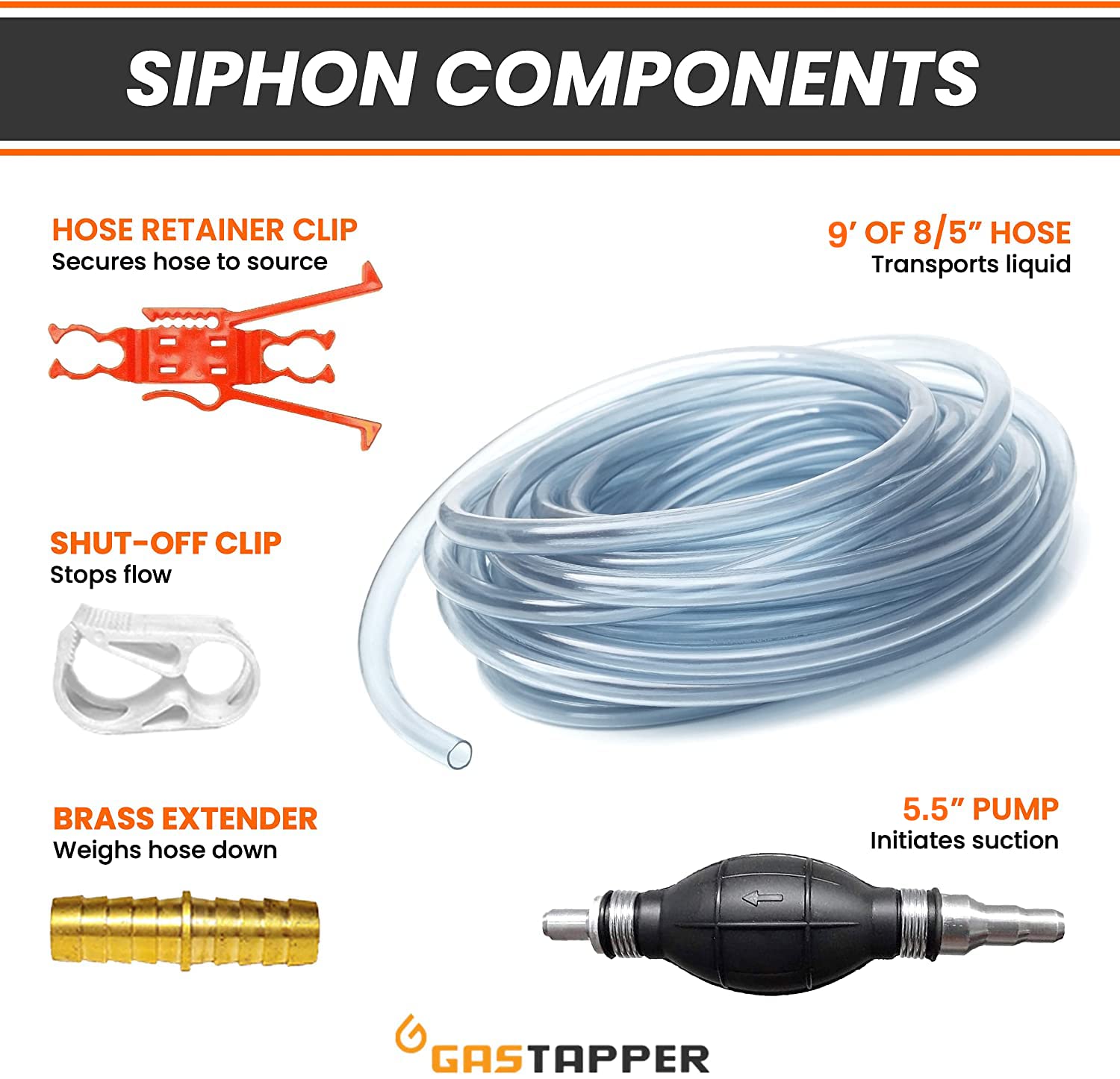 GasTapper 9-foot hose ready for easy siphoning and draining tasks.