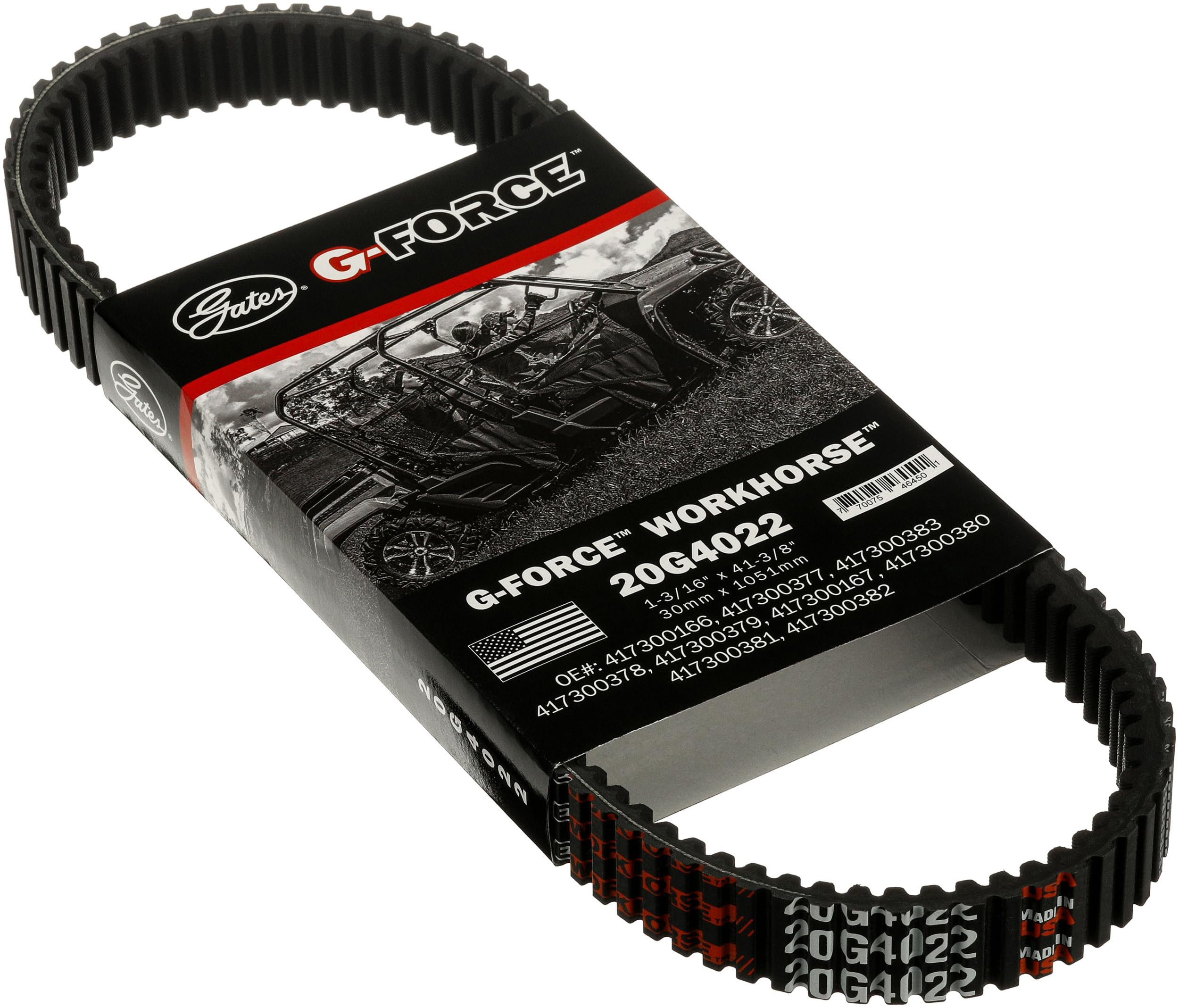 Gates G-Force WorkHorse CVT belt close-up showing rugged construction for tough CVT duty.