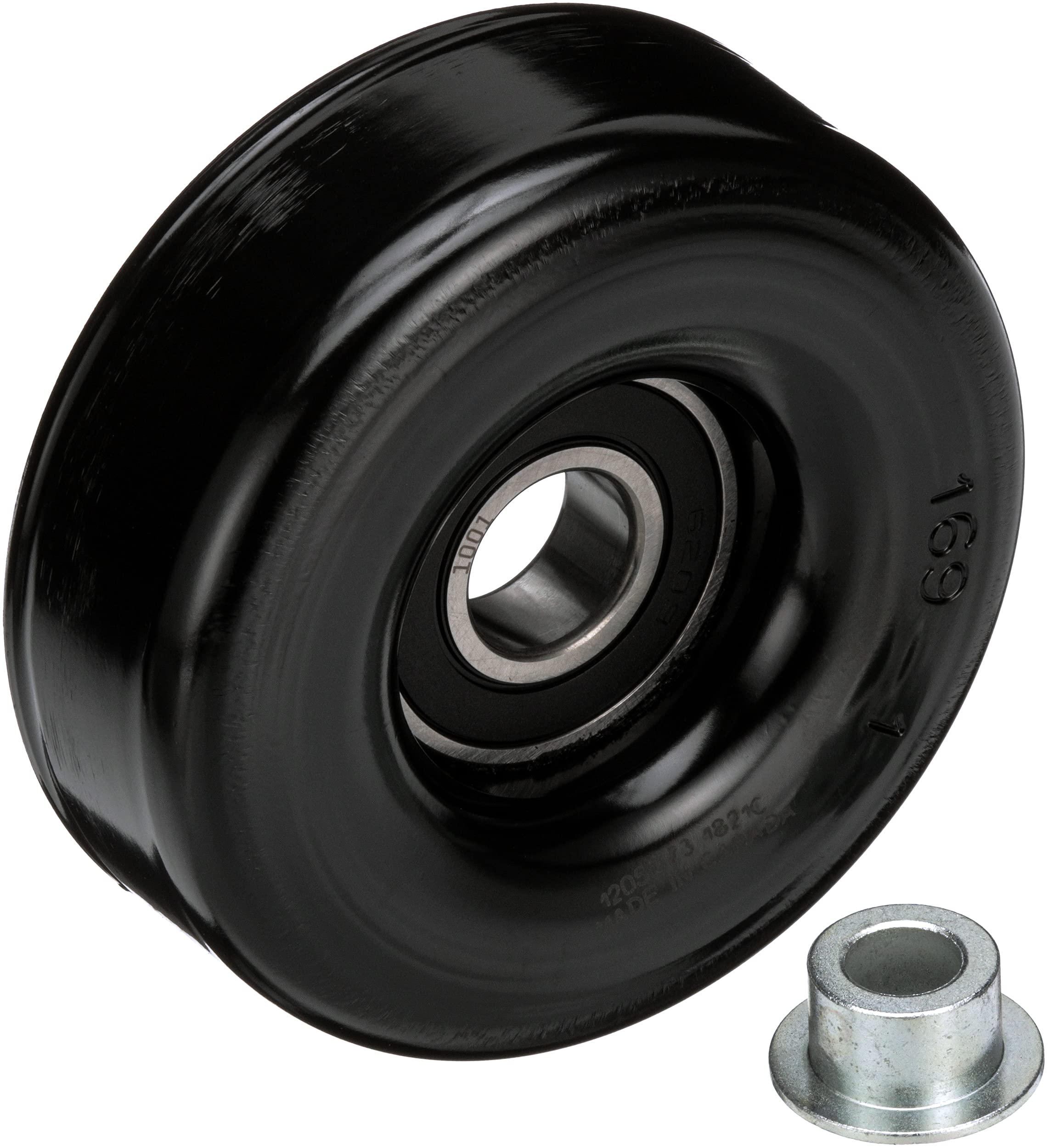 Gates DriveAlign idler pulley mounted on car engine, smooth belt routing.