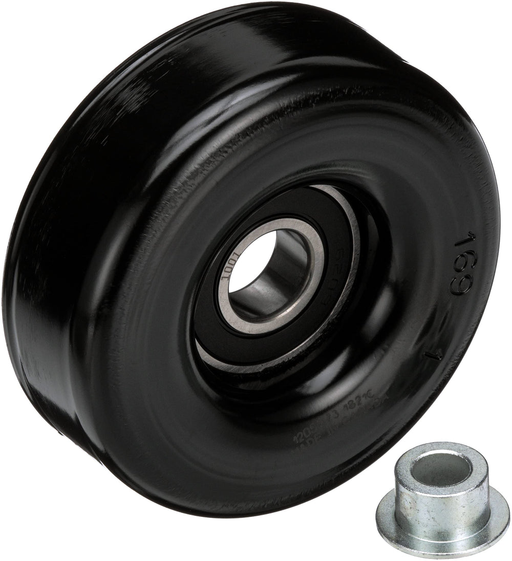 Gates DriveAlign idler pulley mounted on car engine, smooth belt routing.