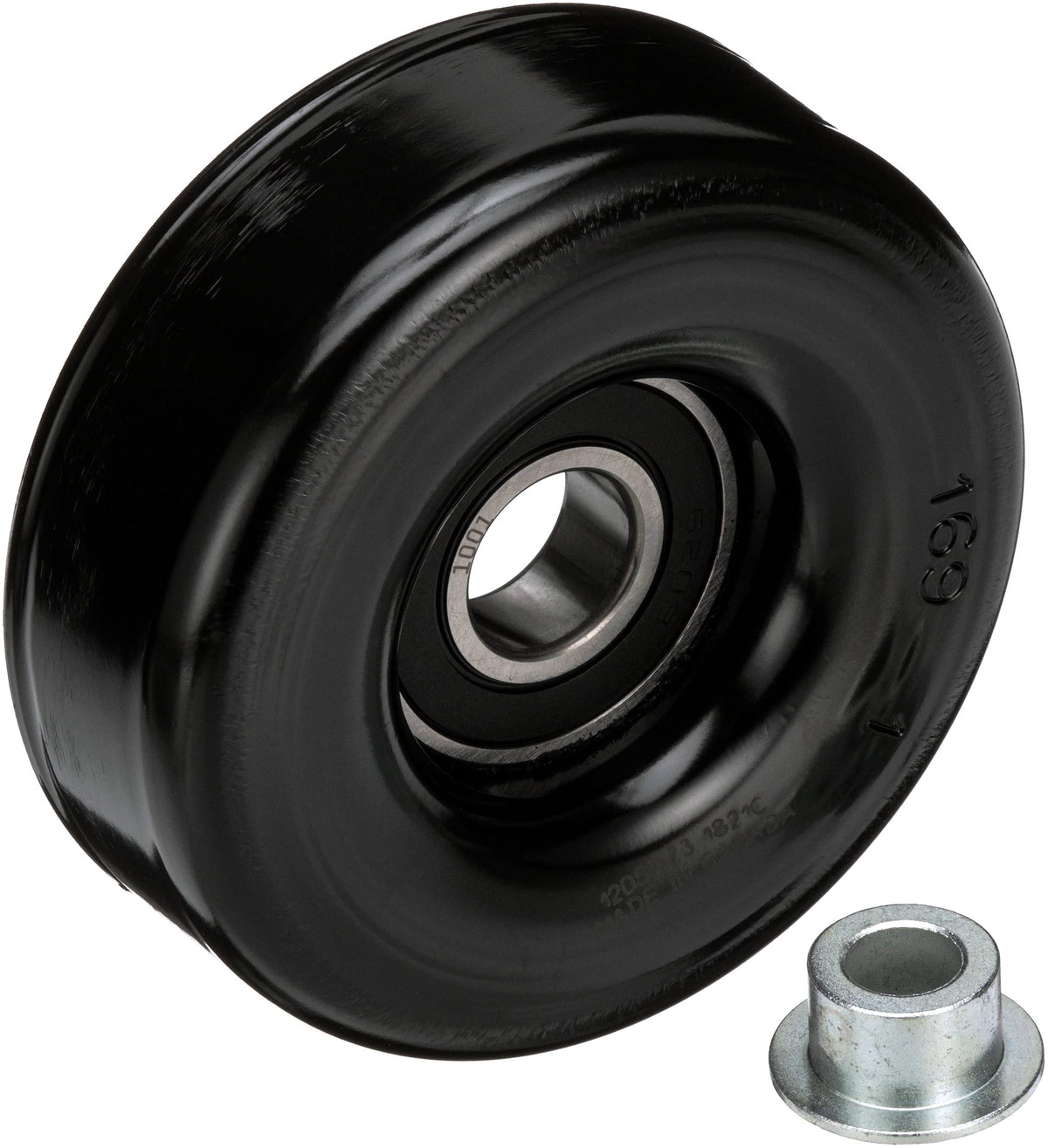 Gates DriveAlign idler pulley mounted on car engine, smooth belt routing.