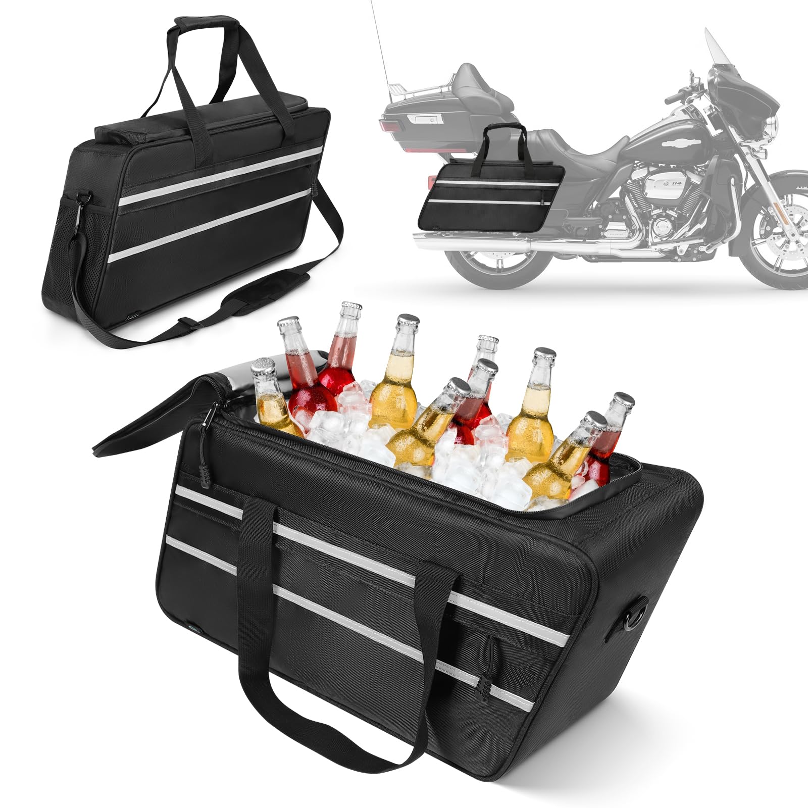 GAWAF motorcycle saddlebag cooler liner, open view showing large interior space for meals and drinks.