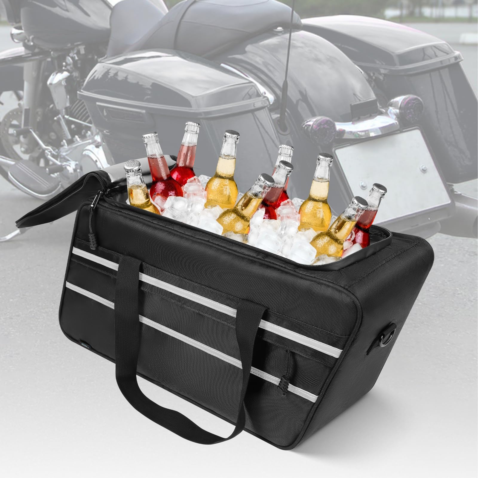GAWAF saddlebag cooler liner dimensions 18x6x10-5 inches for touring bikes.