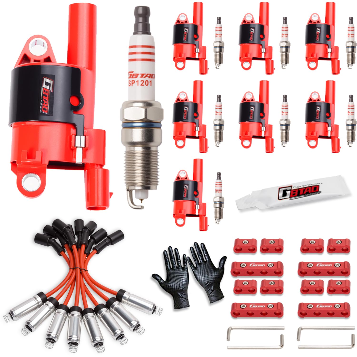 GBTAD 8-piece round ignition coil pack for V8 engines, ready for reliable starts.