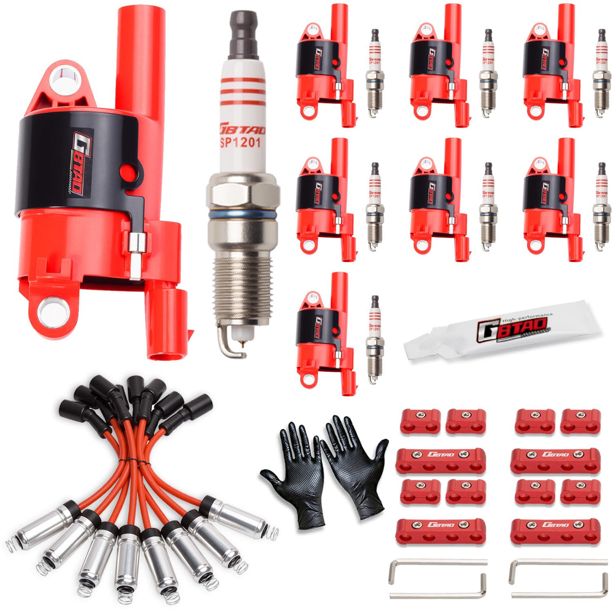 GBTAD 8-piece round ignition coil pack for V8 engines, ready for reliable starts.