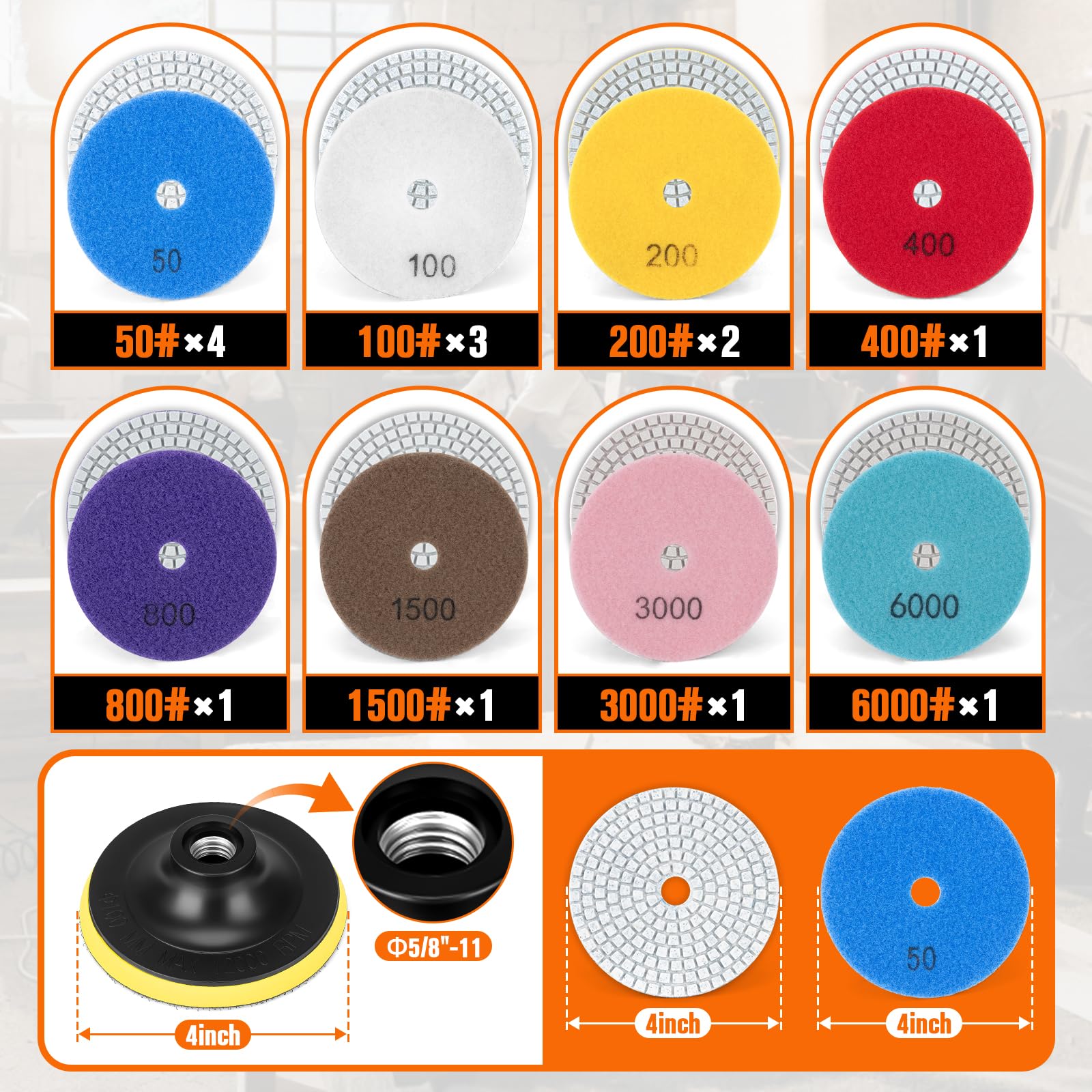 GDDGHS diamond pads 50-8000 grit for coarse shaping to mirror finishing on stone.