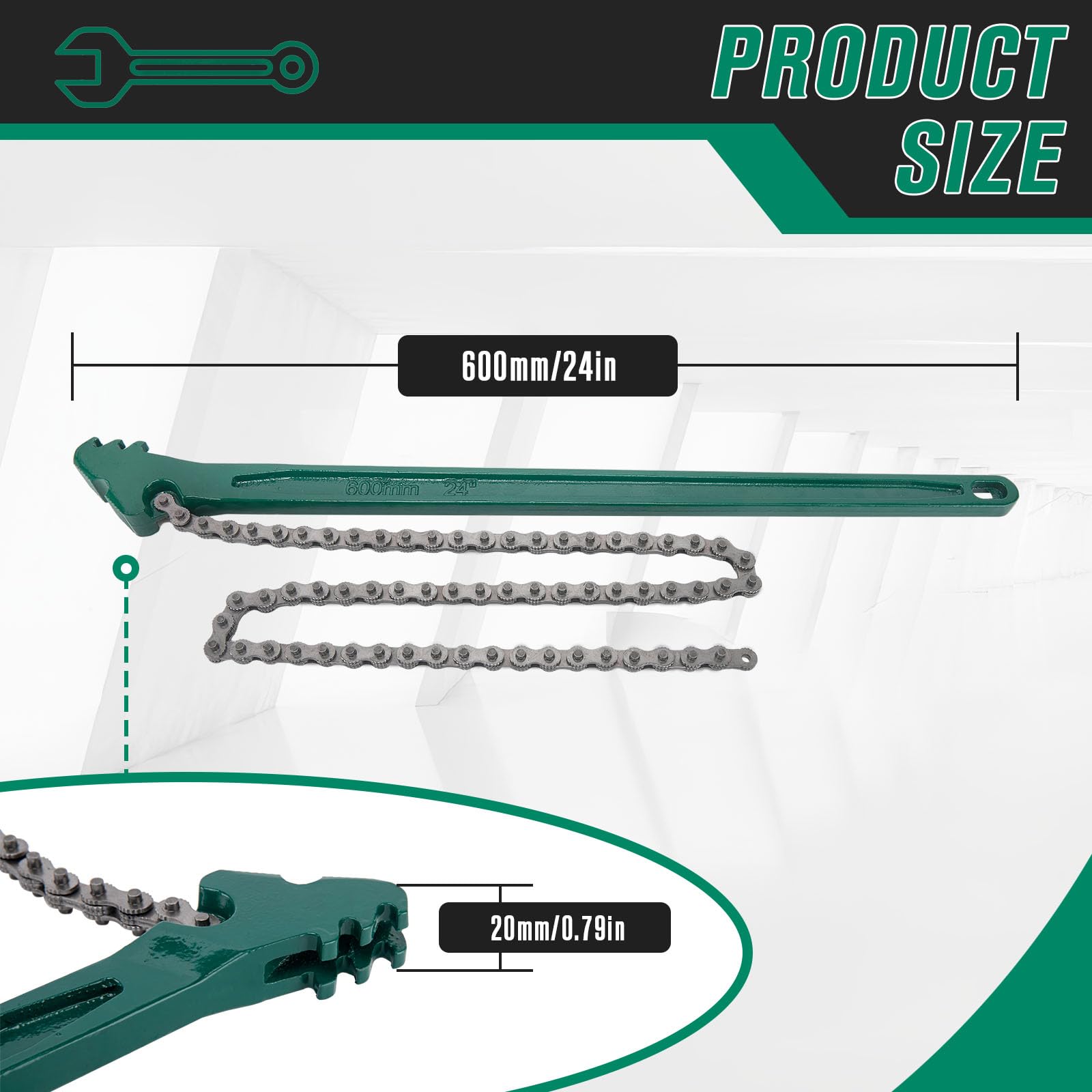 GDHSWJ 24-inch chain wrench wrapping around a pipe for secure grip.