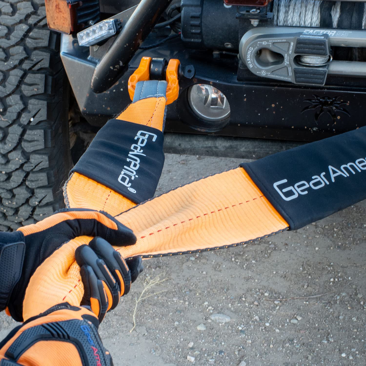 Close look at GearAmerica heavy-duty towing setup for rugged use.
