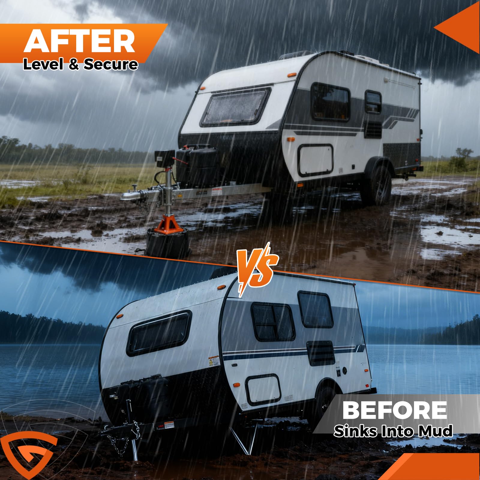GEARBONE stackable pads under an RV jack providing modular stability and adjustable height