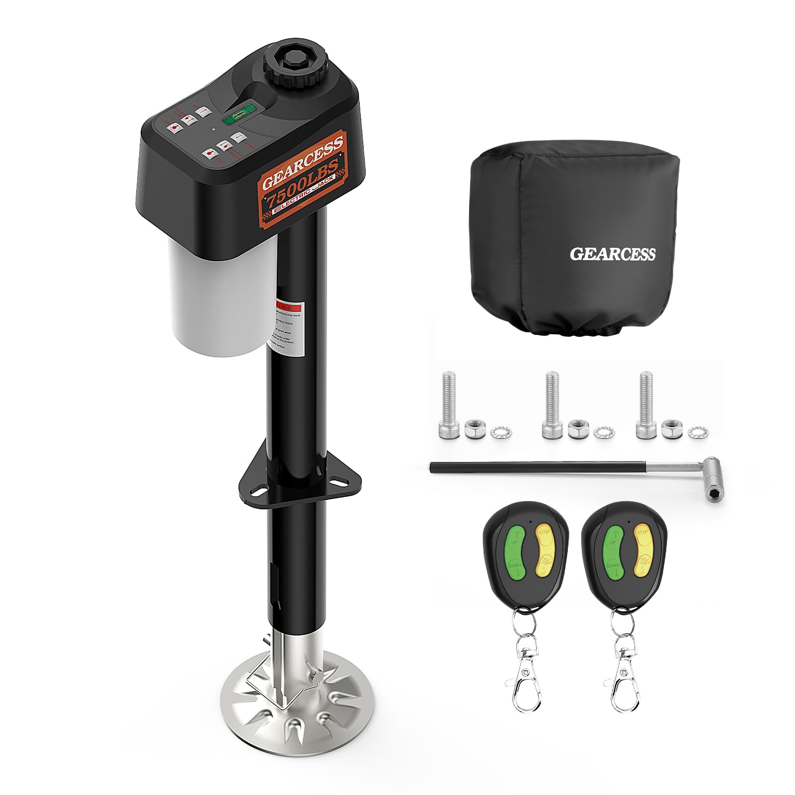GEARCESS electric trailer jack remote-control in action during trailer leveling.