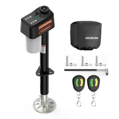 GEARCESS electric trailer jack remote-control in action during trailer leveling.