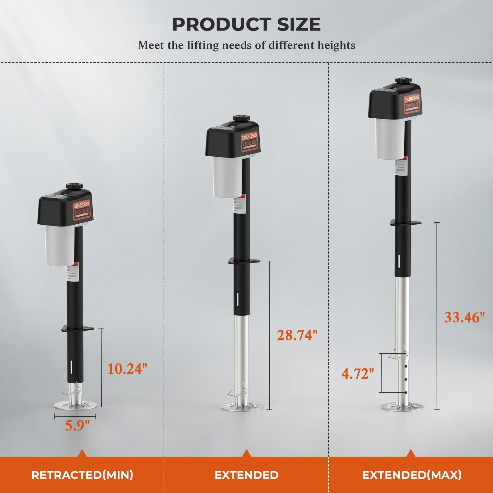 GEARCESS adjustable-height trailer jack helps level a trailer at various terrains.
