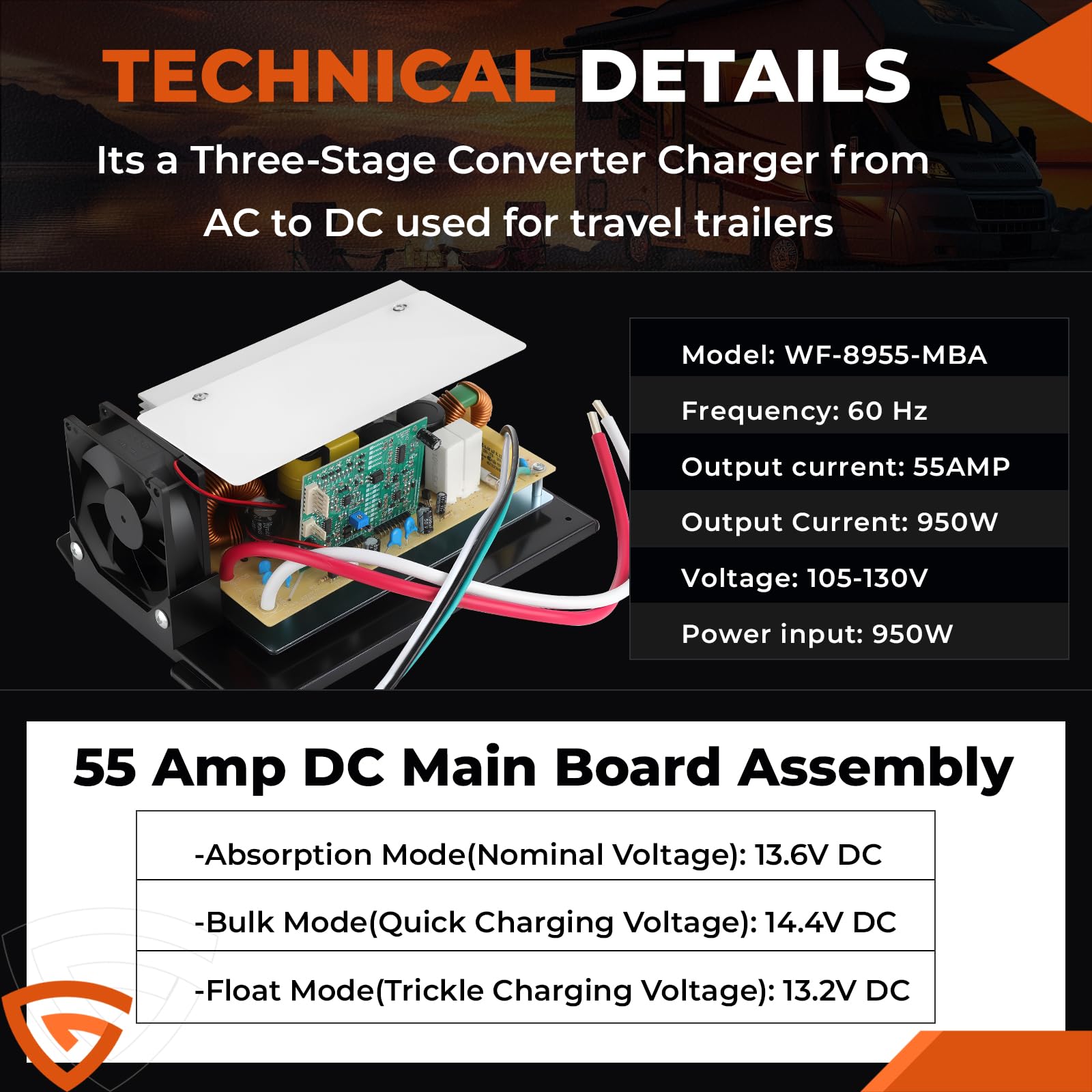 GEARCESS WF-8955-AD-MBA auto-detect diagram explains adaptive charging for battery types