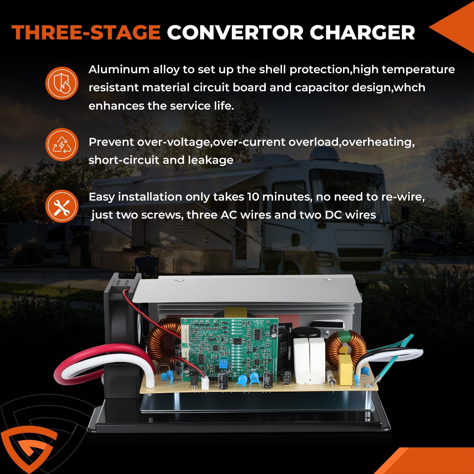 GEARCESS WF-8955-AD-MBA in a motorhome setting demonstrates reliable power management