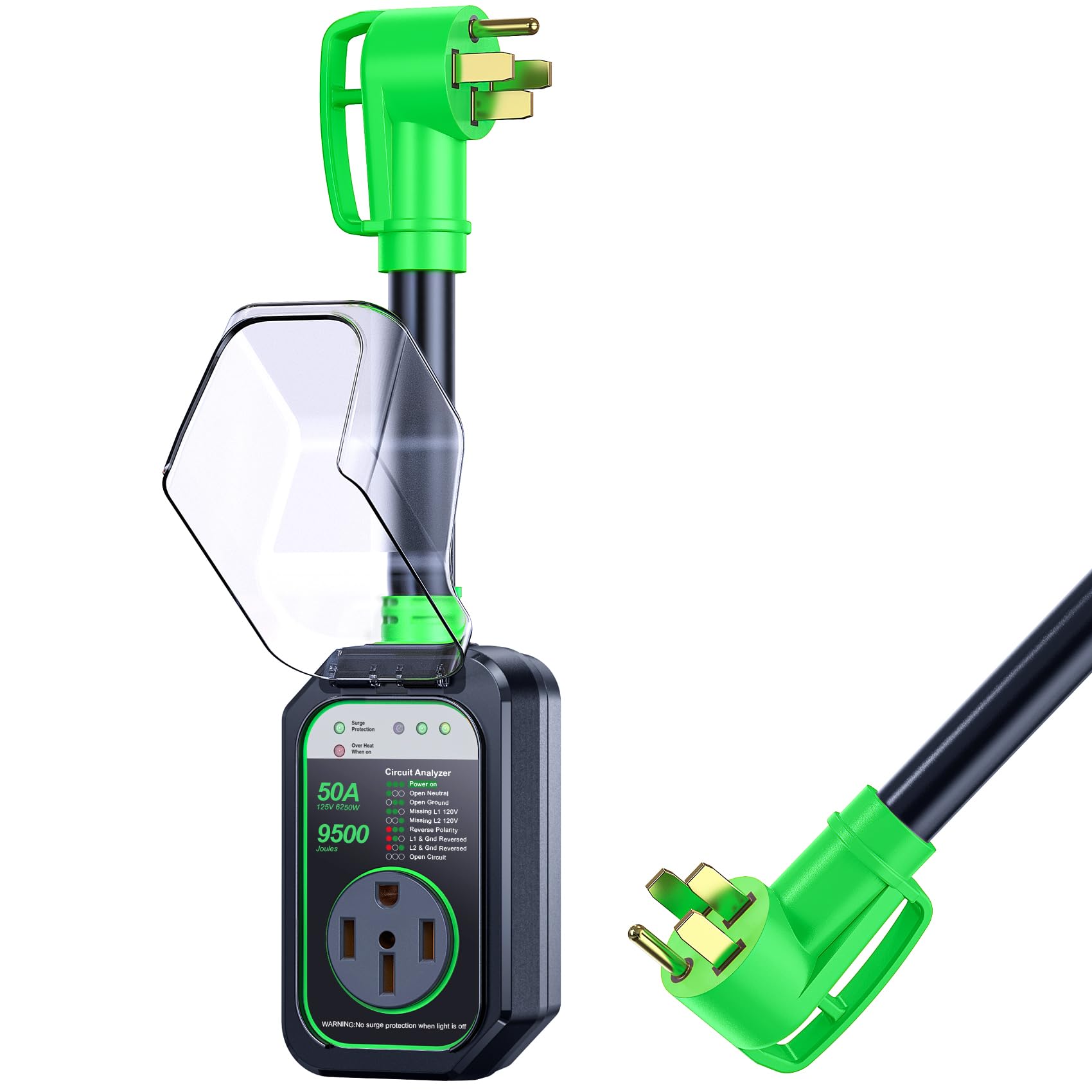 GEARGO 50A RV surge protector outdoors with weatherproof protection for camping.