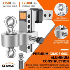 GEARGO adjustable hitch shows an 8.3-inch drop for level towing.