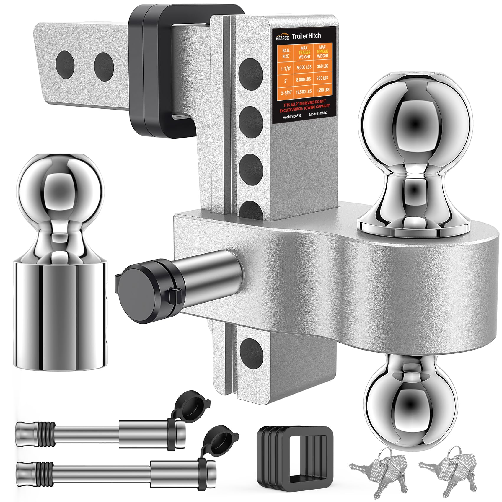 GEARGO triple hitch balls for 2in, 2-5/16in, and 1-7/8in sizes for versatile towing.