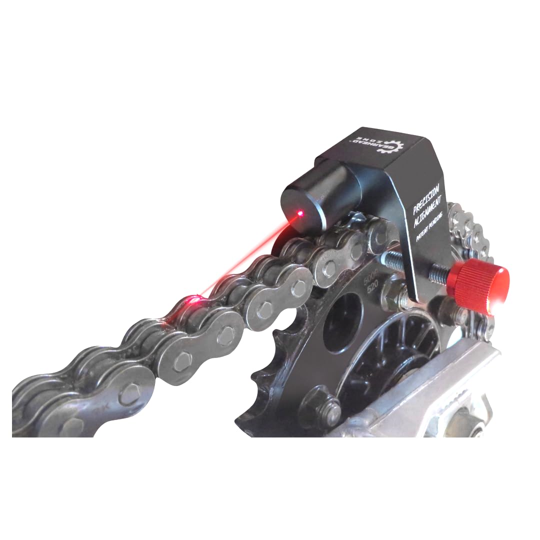 Gearhead Zone Chain & Sprocket Alignment Tool with laser centerline for precise motorcycle setup.