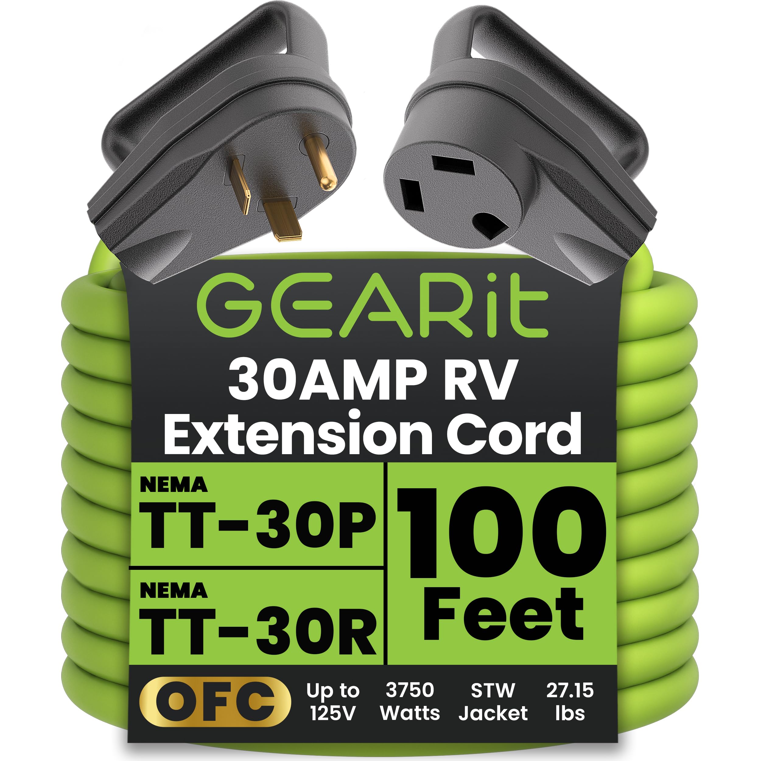 GEARit 100ft outdoor extension cord with 30A 10ga for RV power
