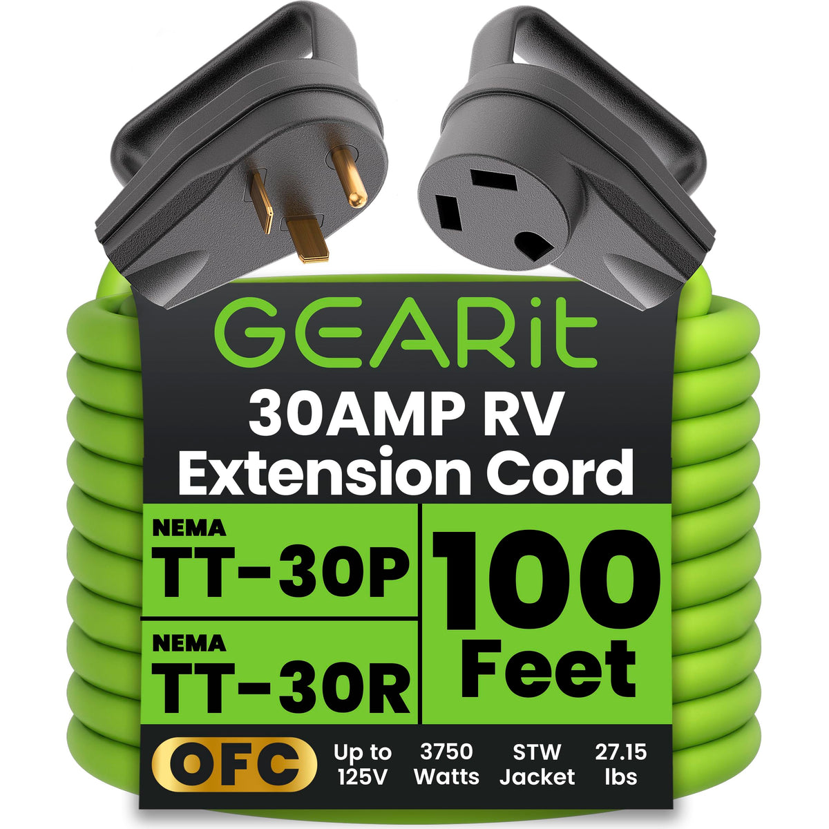 GEARit 100ft outdoor extension cord with 30A 10ga for RV power