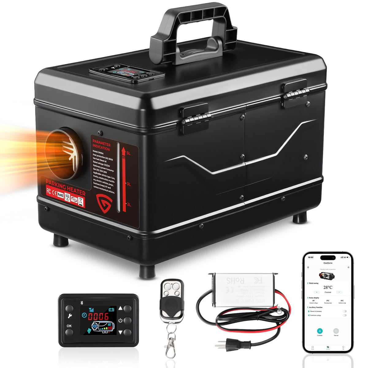 GEARLASSO diesel heater front view showing compact toolbox design for garages, RVs, and boats
