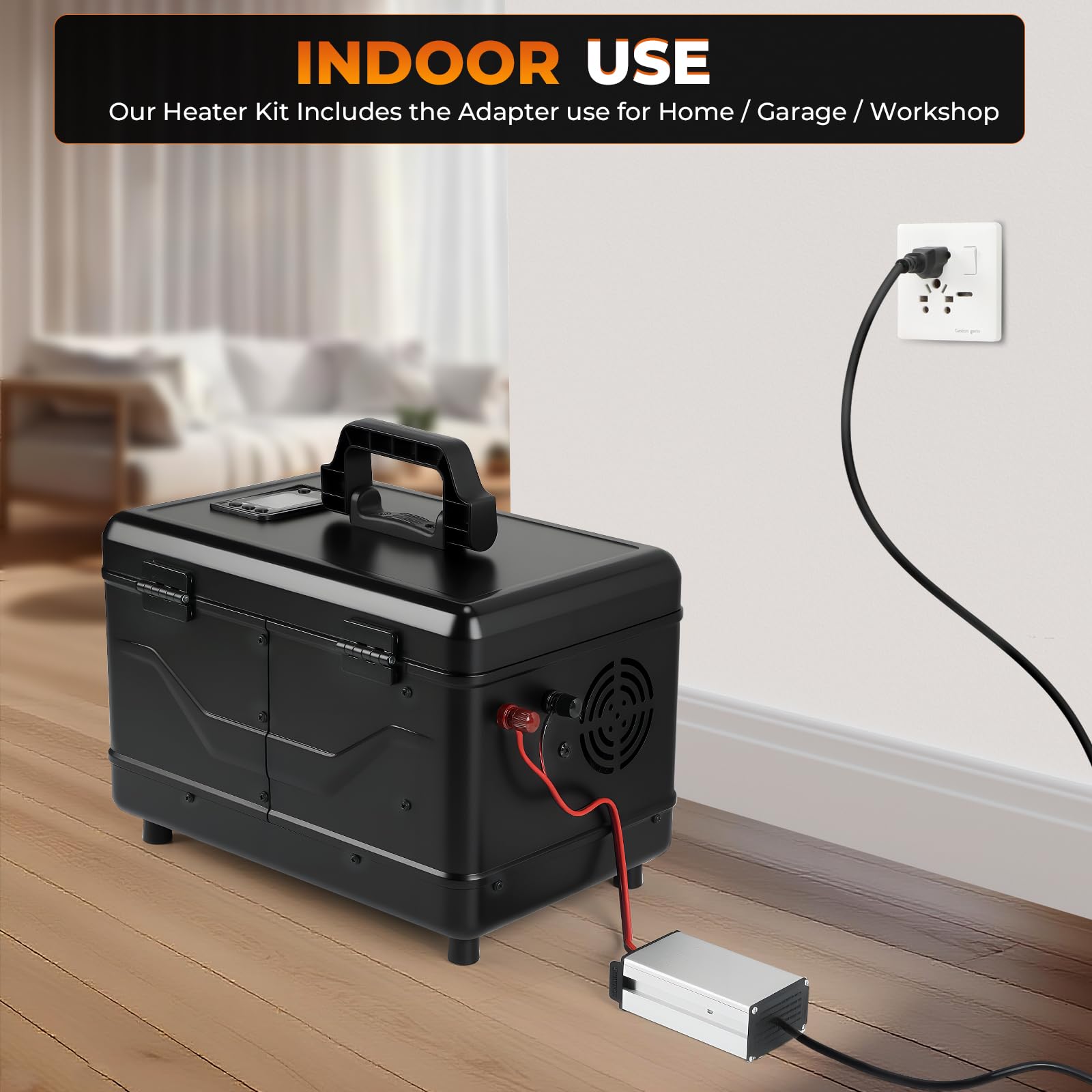 GEARLASSO in-use image shows RV or garage setup providing reliable portable heat