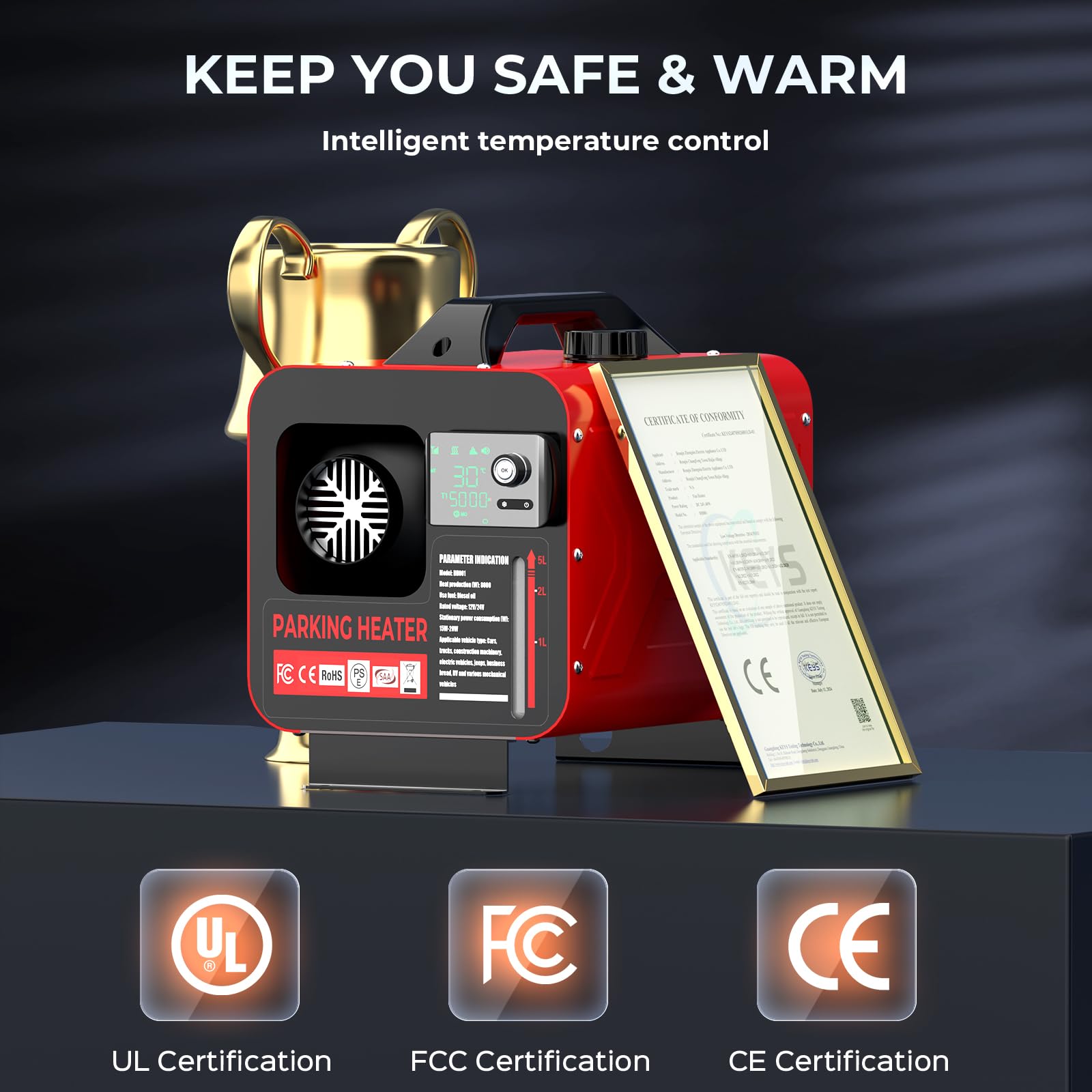 GEARLASSO Diesel Heater operates across -40°C to +50°C for cold-weather reliability