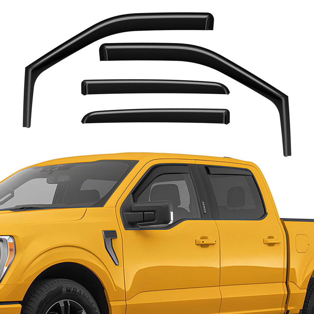 GEARMEISTER F-150 crew cab rain guards with aerodynamic design reduce wind noise.