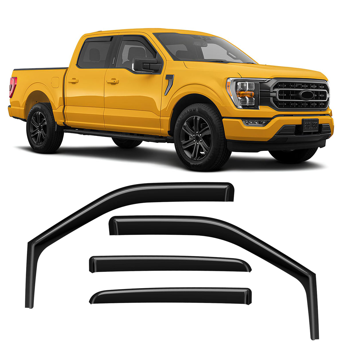 GEARMEISTER in-channel rain guards on Ford F-150 Crew Cab, side view, improving airflow and rain deflection.