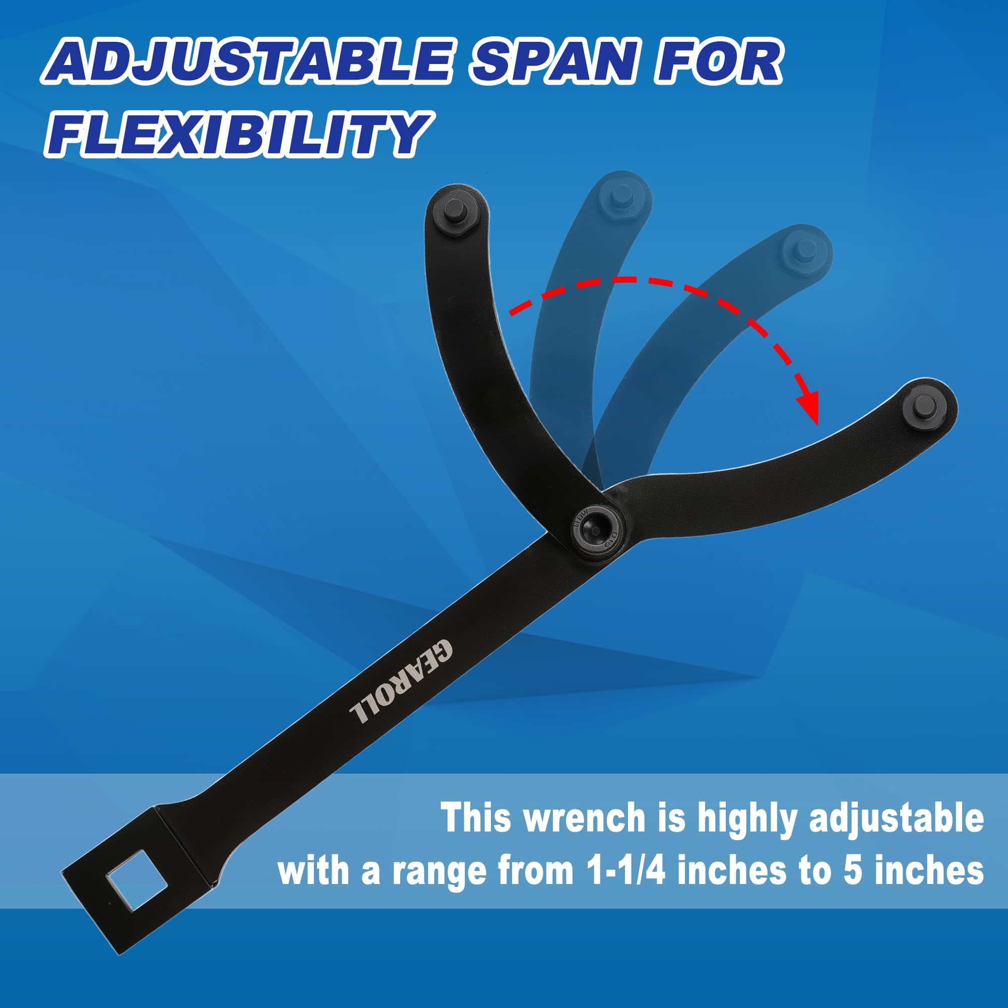 GEAROLL adjustable pulley wrench shows extended reach and secure grip.