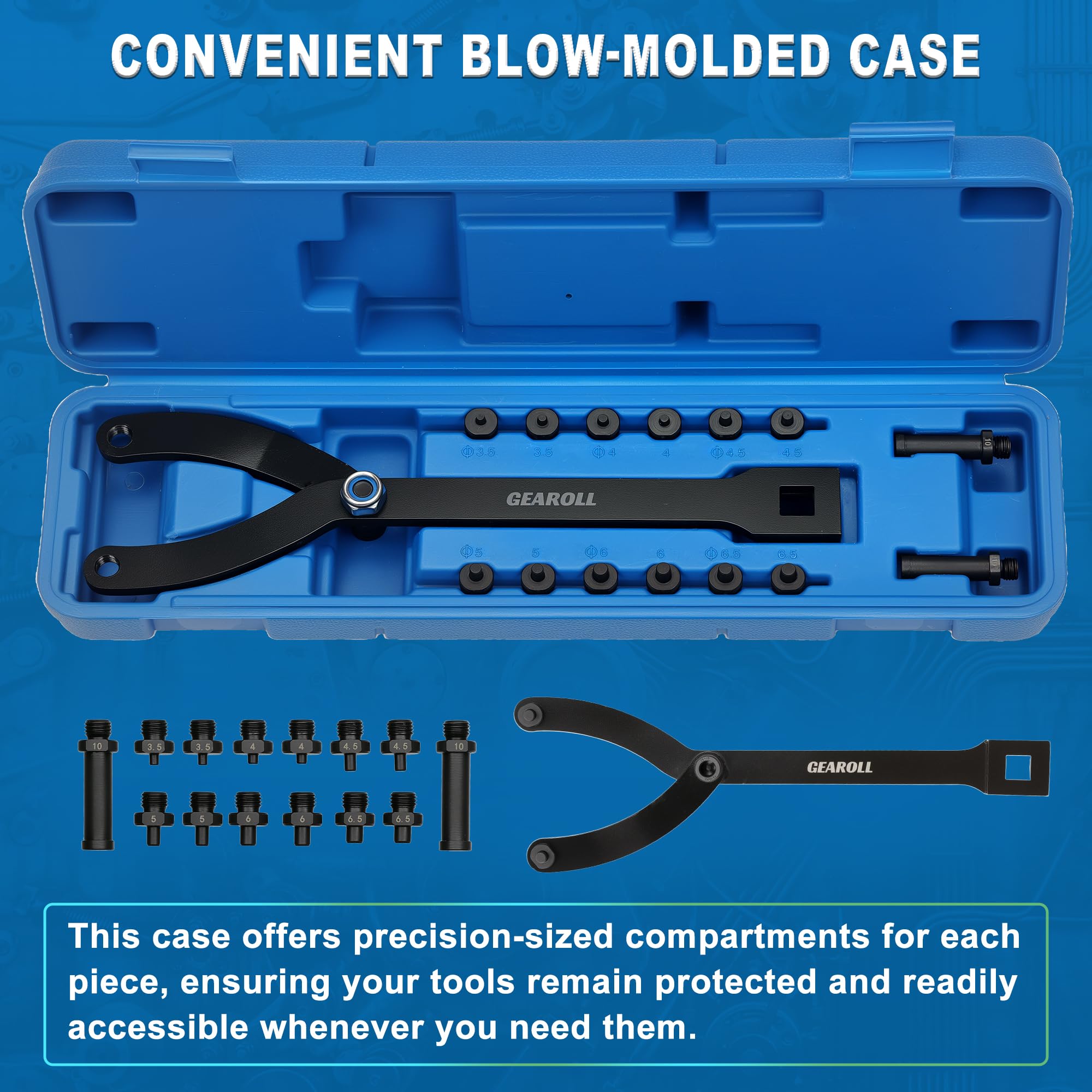 GEAROLL packing list image displays case, pins, and compact kit design.