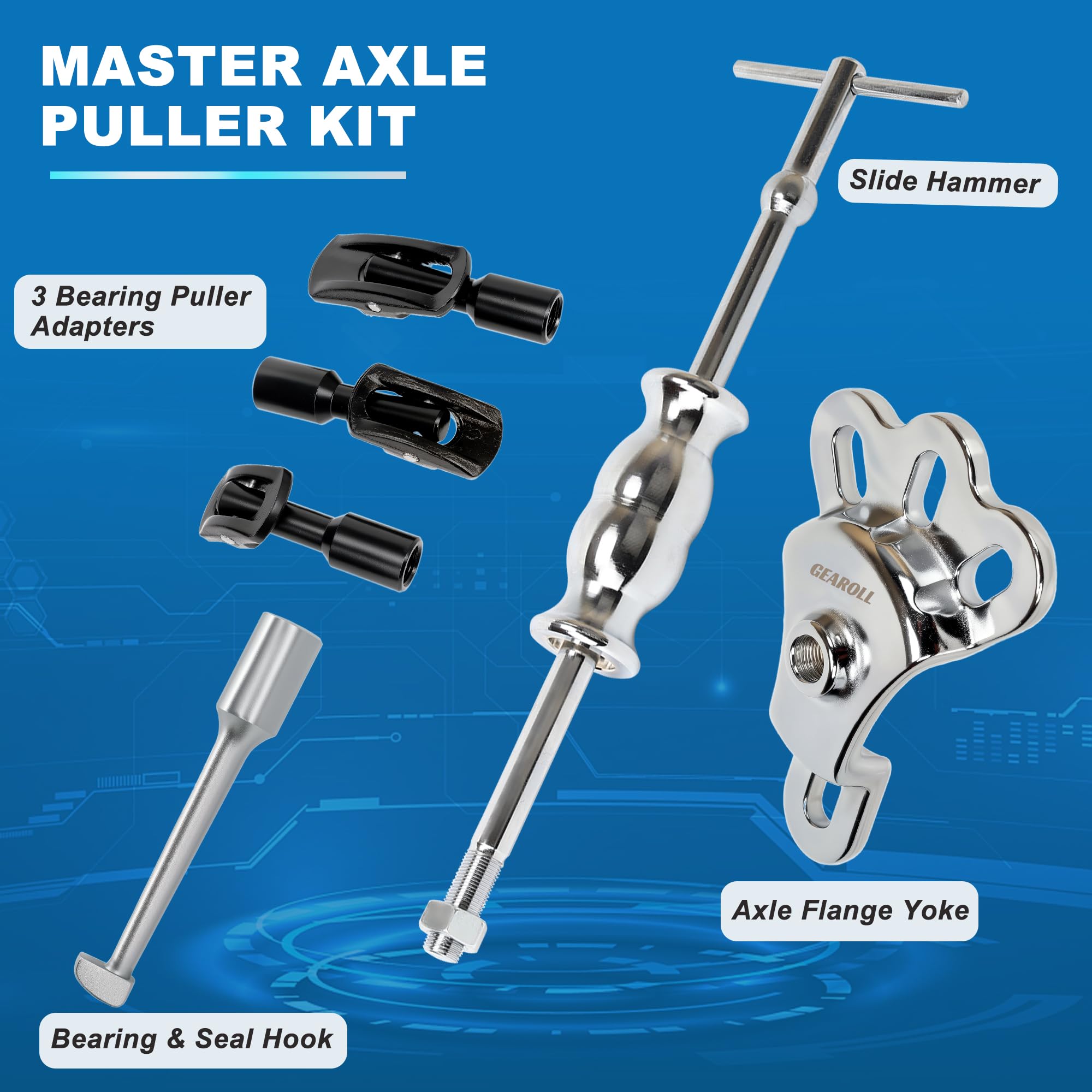 GEAROLL slide hammer yoke provides secure, stable puller setup.
