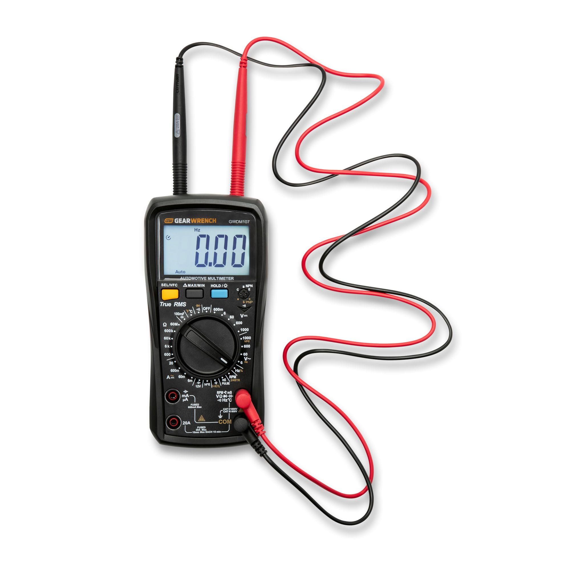 GEARWRENCH GWDM107 backlit display enables readings in low light.