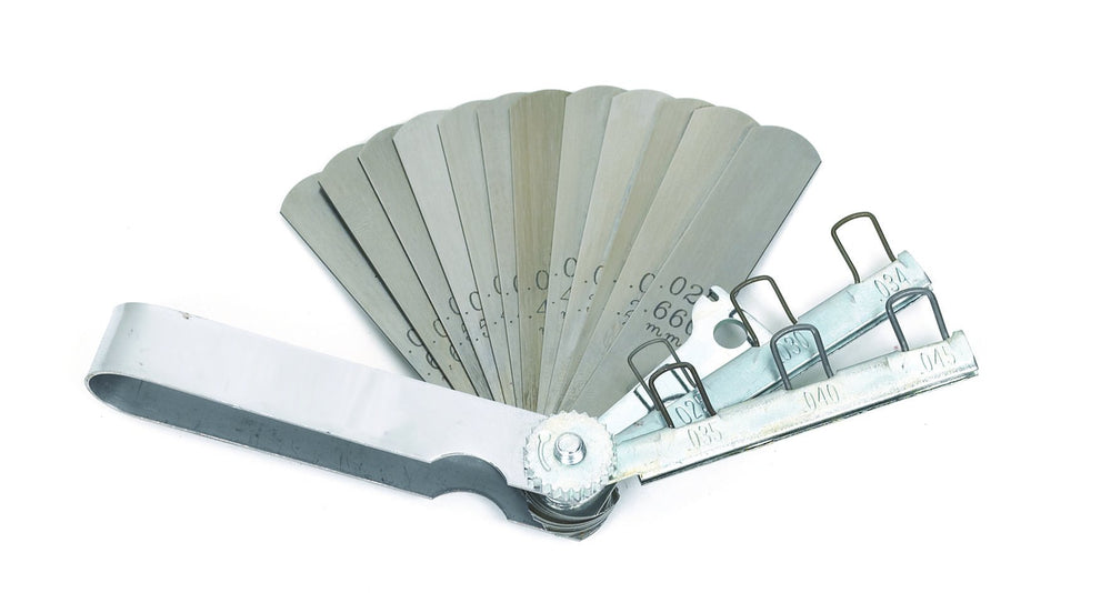 GearWrench feeler gauge set with 12 blades and 6 spark plug gaps for precise engine work.