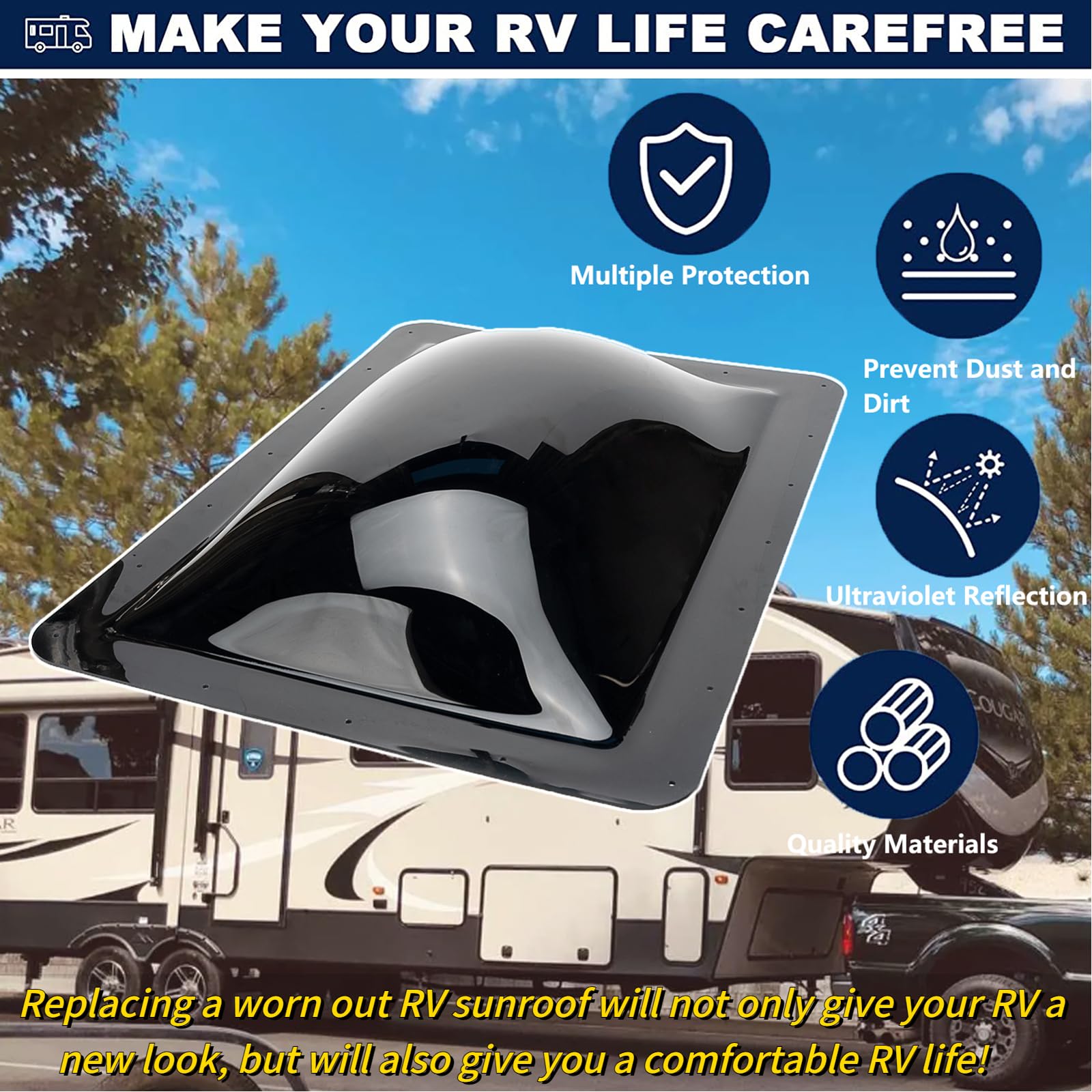 Geataat RV skylight outer dome closeup shows durable polycarbonate and UV protection.