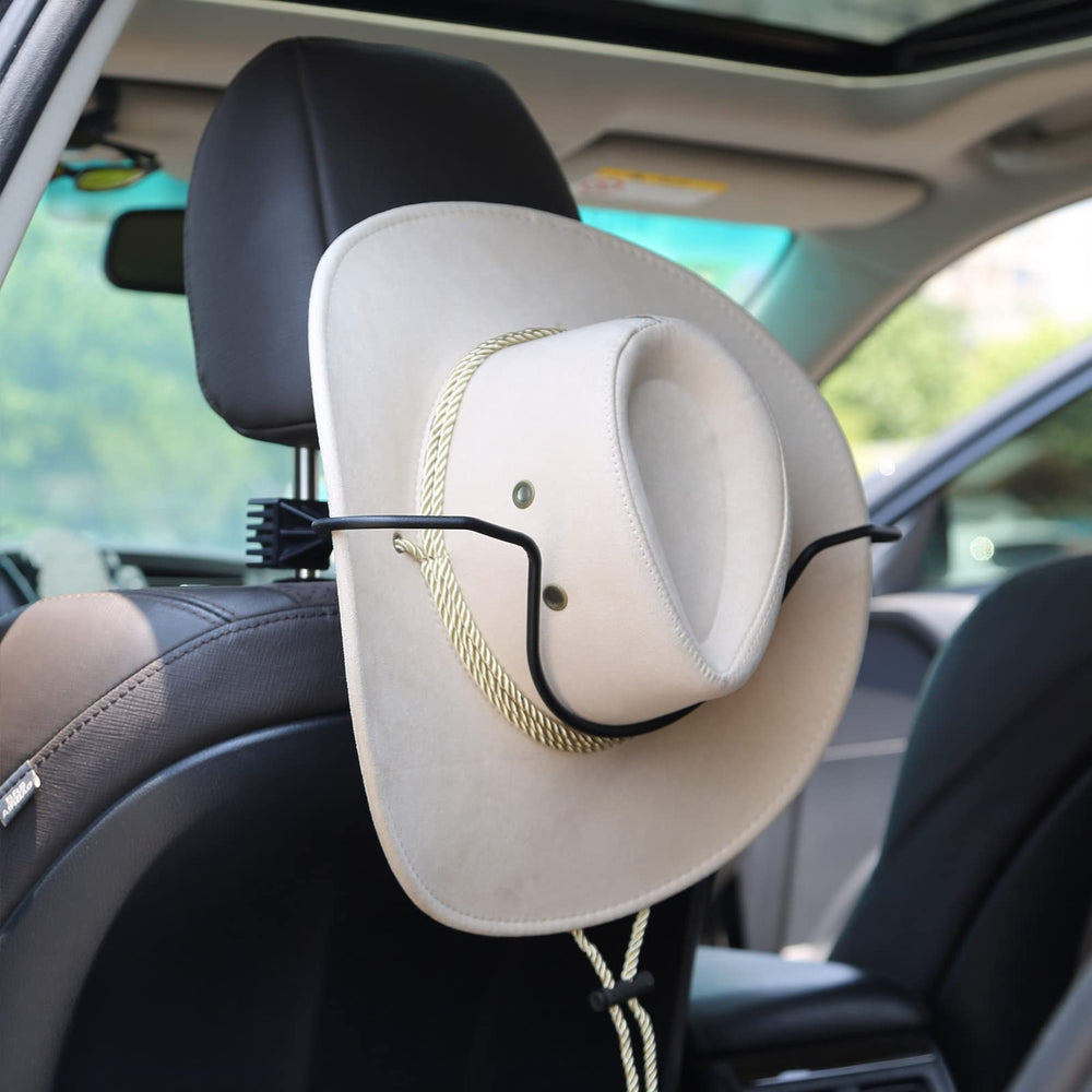 GEEDAR Cowboy Hat Holder mounted on the backseat to keep hats secure while driving.
