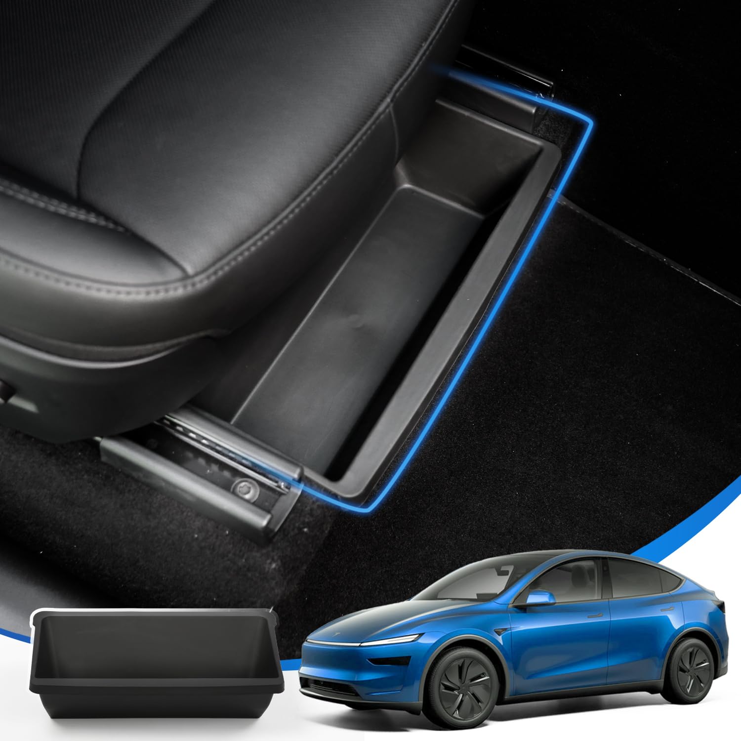 Geedar hidden under-seat organizer for Model Y Juniper provides quick access.