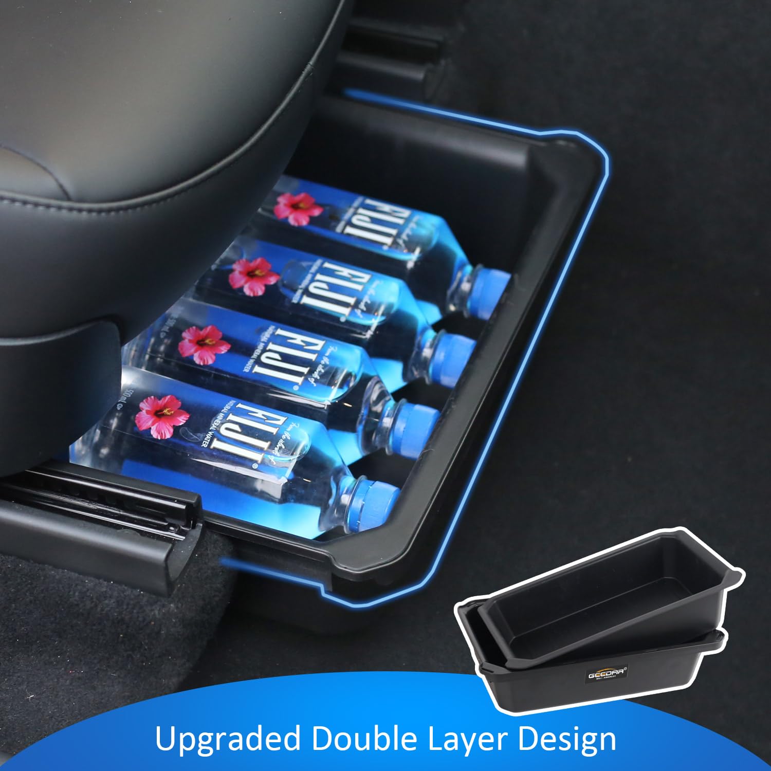 GEEDAR under-seat storage box for Model Y with durable ABS-TPE shell.