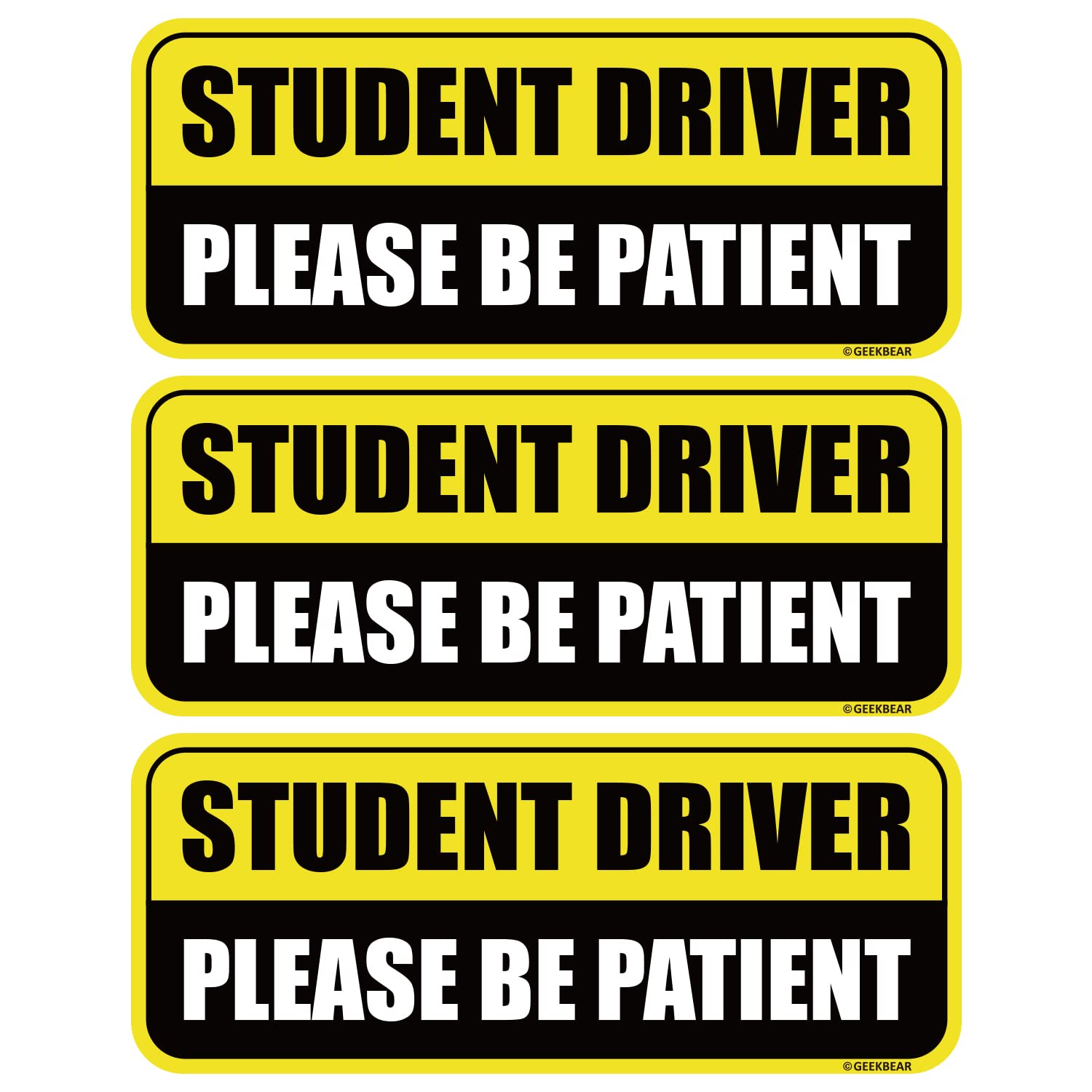 GEEKBEAR Student Driver Magnet in yellow and black, three-pack visible on vehicle.