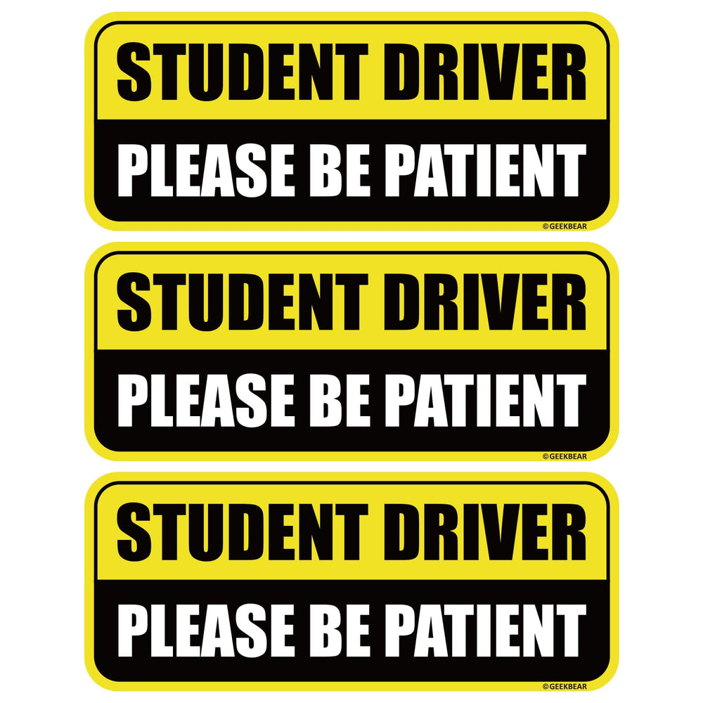 GEEKBEAR Student Driver Magnet in yellow and black, three-pack visible on vehicle.