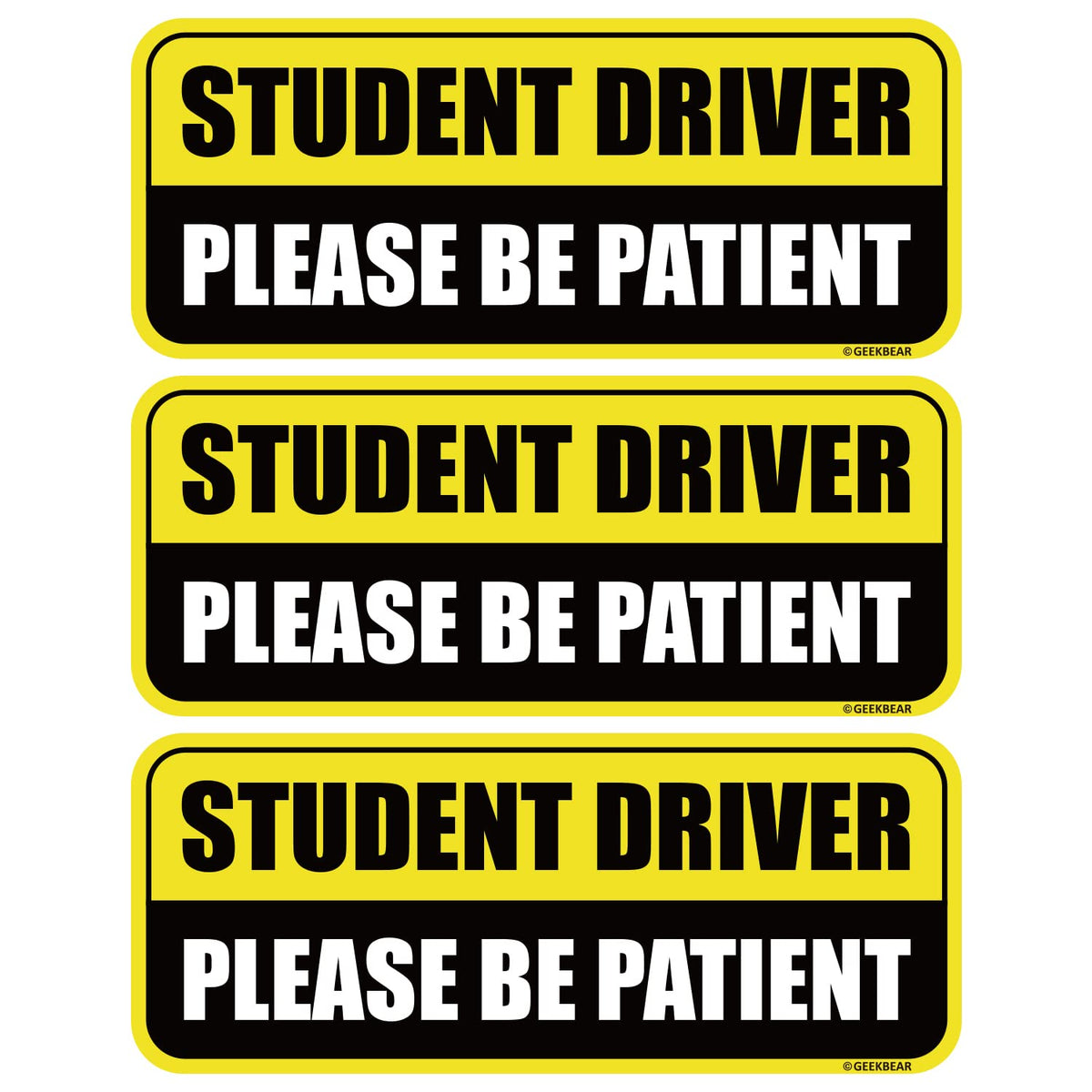 GEEKBEAR Student Driver Magnet in yellow and black, three-pack visible on vehicle.