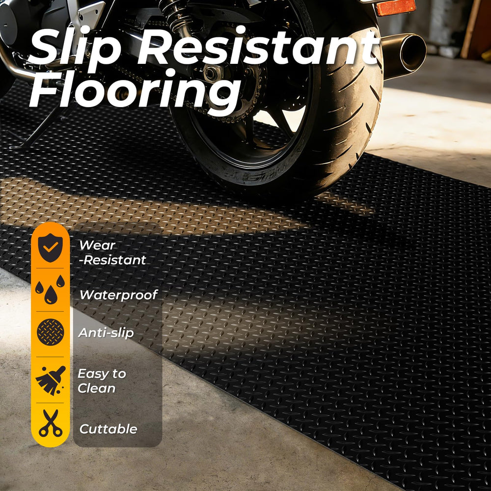 Geemax diamond plate garage mat textured surface improves traction in wet conditions.