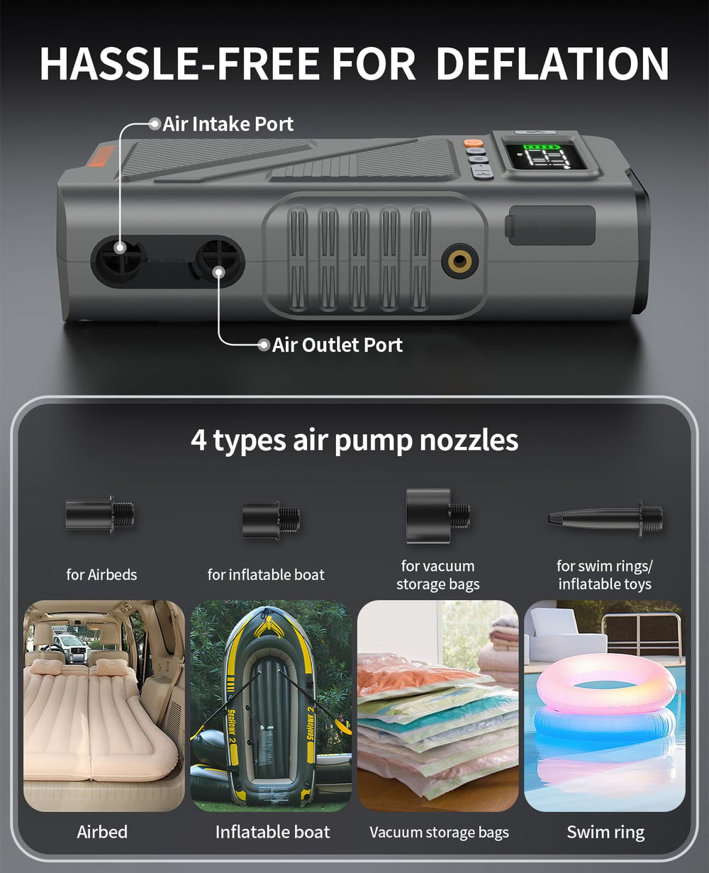 Geeneu air pump for large inflatables enables beds and boats.