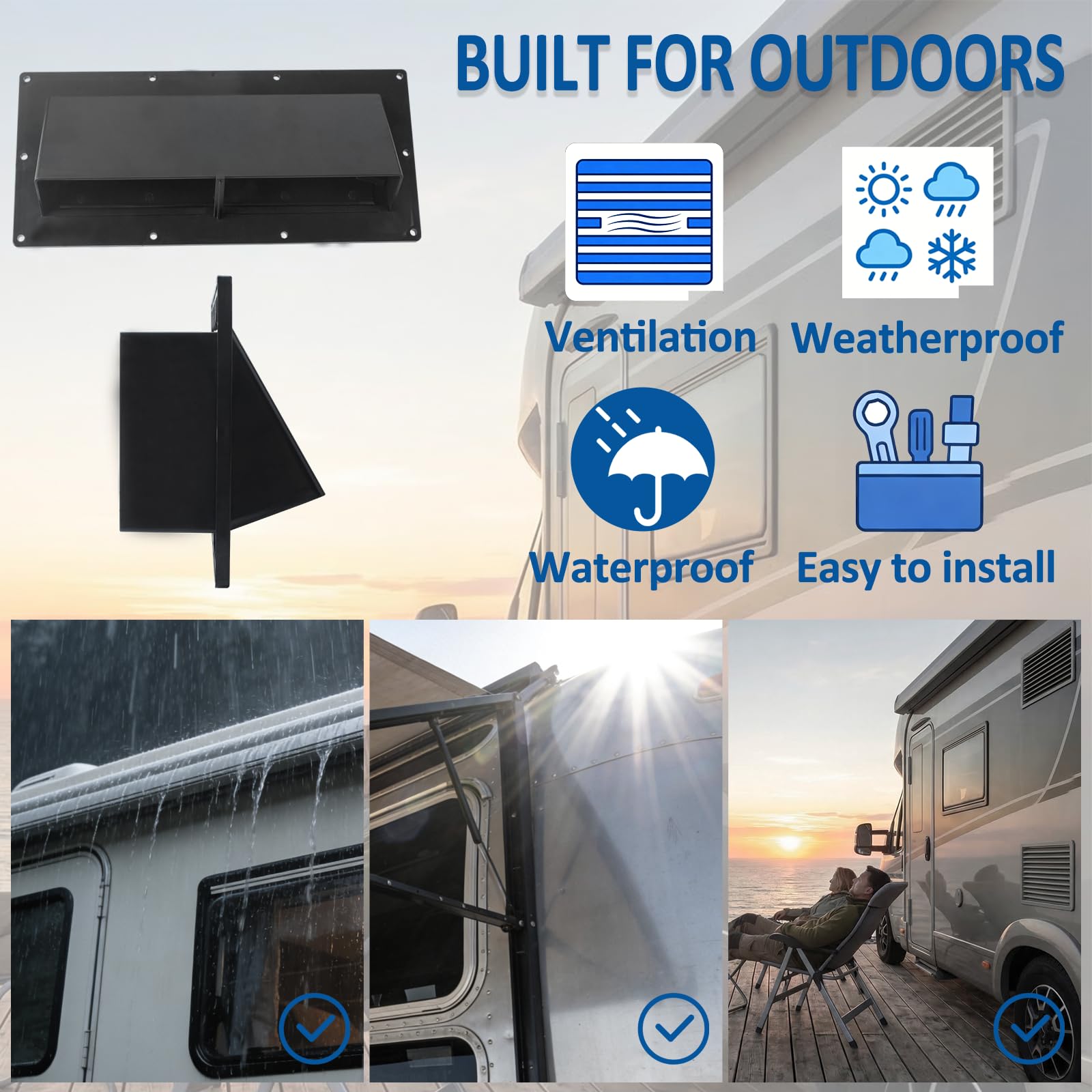 Gekufa installation view for RV vent cover enables quick, tool-free replacement.