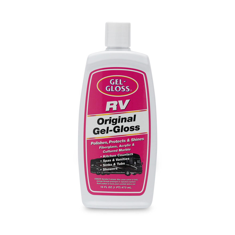 Gel-Gloss RV Polish bottle label highlighting carnauba wax protection