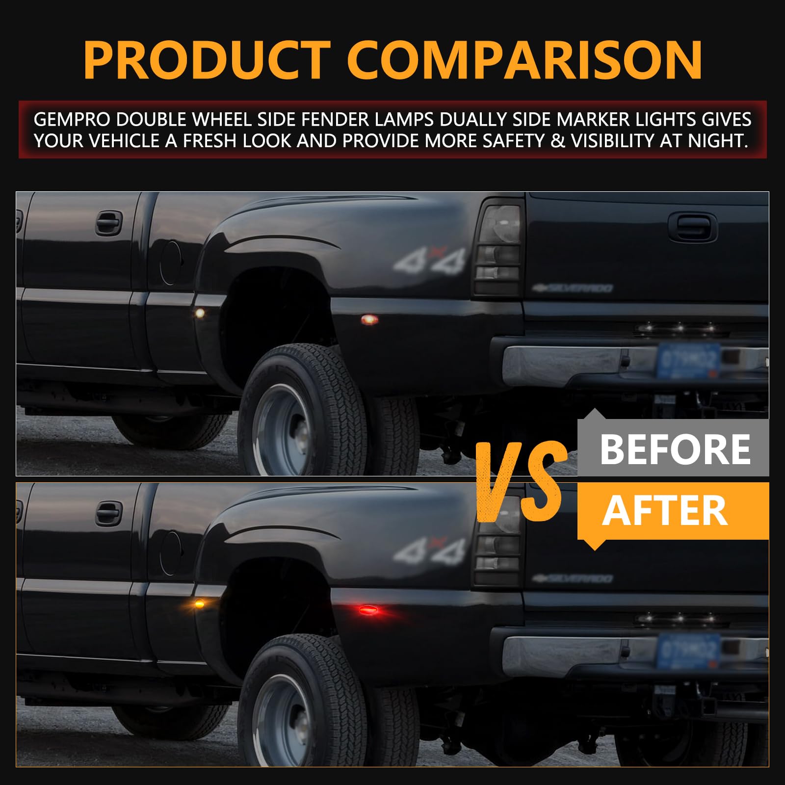 Gempro marker lights compatible with 2001–2014 Silverado and Sierra duallies.