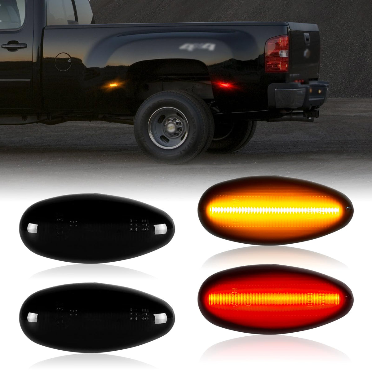 Gempro LED dually fender marker lights with smoked lens for improved rear visibility.