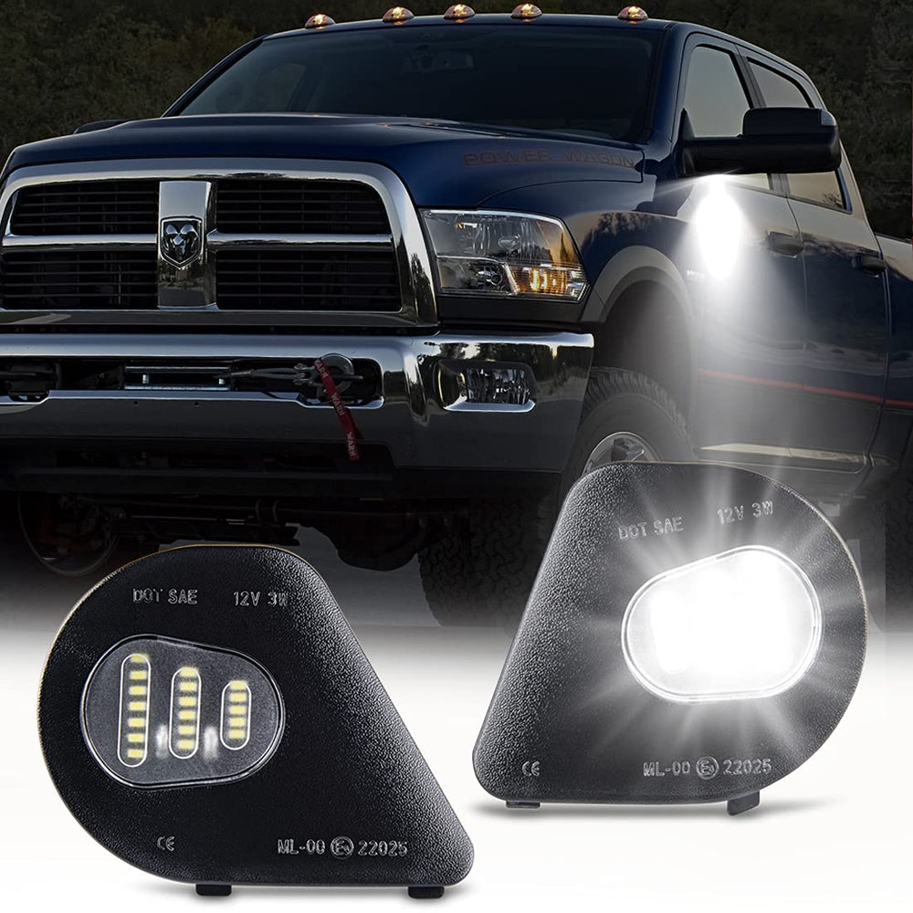 GemPro LED side mirror puddle light illuminates the Dodge Ram 1500 area at night